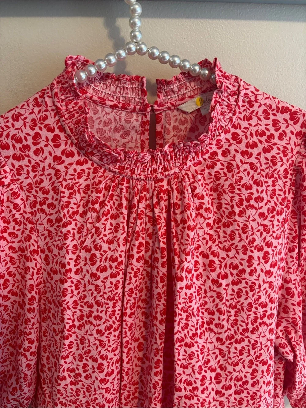 Boden Pink Smocked Detail Top Blouse Floral Puff Sleeve Ruffle Mock Neck Size 8